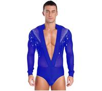 Freebily Mens Long Sleeve Shiny Rhinestones Unitard Latin Dance Shirt Ballroom Bodysuit Leotard Tops Blue XL