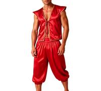 Freebily Mens Middle East Arabian Prince Uniforms Dress-up | Arabian Prince Costume Set,Crop Vest with Pants Set,Front Lace Up Vest Closure,Fairytale Character Costume,Loose Dhoti Pants
