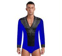 Freebily Mens Sparkly Rhinestones Latin Jazz Dance Shirt V Neck Long Sleeve Leotard Top Ballroom Dance Costume Blue XL