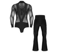 Freebily Men's V neck Latin Dance Leotard Tassels Flared Pants 2Pcs Outfit for Jazz Chacha Samba Dance Black M