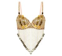 Freebily Sequined Latin Belly Dance Bra Top for Womens Dance Costume Fringe Tassel Underwired Bra Gold One Size