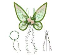 Freebily Shiny Glitter Butterfly Wing Flower Fairy Wings with Garland and Wand for Halloween Cosplay 1 Set Green One Size