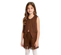 Freebily Versatile Fringe Vest Cowgirl Outfit Western Kids Coffee 7-8 Years | Wild West Style,Country Concert Rodeo Costume,Tassel Top with Shorts,2 Pcs Cowgirls Sets,Wild West Cowgirls Outfit