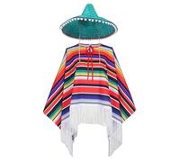 Freebily Vibrant Fiesta Party Kit Matching Fringed Serape Poncho and Hat Traditional Mexican Costume for Adults Red Blue One Size