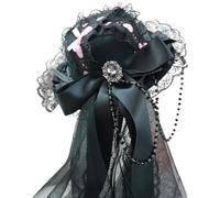 Freebily Victorian Mourning Veil Hat with Intricate Black Lace Antique-Inspired Gothic Fascinator for Haunted Party Pink Bow One Size