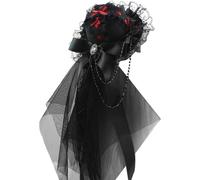 Freebily Victorian Mourning Veil Hat with Intricate Black Lace Antique-Inspired Gothic Fascinator for Haunted Party Black Ribbon One Size