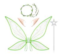 Freebily Women Fairy Dress up Sets, Butterfly Wings with Elf Ears Garland Wand for Halloween Birthday Party Green One Size