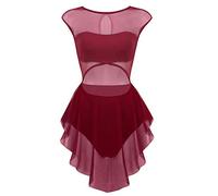 Freebily Women Lyrical Dance Costume Dress Illusion Cut Out Front Asymmetric Mesh Skirted Leotard Wine_Red XL