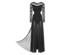Freebily Women Lyrical Dress Elegant Modern Ballet Dance Costume Lace Patchwork Long Sleeve Flowy Tulle Maxi Skirt Black