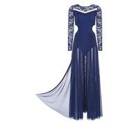Freebily Women Lyrical Dress Elegant Modern Ballet Dance Costume Lace Patchwork Long Sleeve Flowy Tulle Maxi Skirt Navy Blue