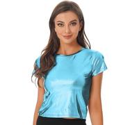 Freebily Women Metallic Holographic Shiny Shimmer Sparkle T Shirt Blouse Summer Glitter Party Tops Blue A XL