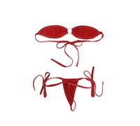 Freebily Women Minimal Cover Self-tie Mini Micro Bikini Set Off The Shoulder Bra Top with G-String Swimwear Red One Size