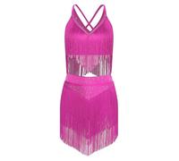 Freebily Women Salsa Latin Dance Outfit V-Neck Sleeveless Crisscross Back Fringe Crop Top with Tassels Skirt Hot Pink L