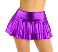 Freebily Women Sexy Metallic Wet Look Leather Layered Ruffle Pleated Mini Skirt