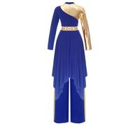 Freebily Women Worship Praise Dance Outfit Metallic Long Sleeve Dress Wide-Leg Pants Lyrical Liturgical Dancewear Blue M