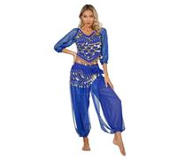 Freebily Women's 4PCs Belly Dance Outfits Bollywood India Arabian Princess Outfits Halloween Carnival Fancy Dress Blue A One Size