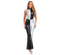 Freebily Womens 70s Shiny Metallic Sleeveless Hippies Jumpsuit Halloween Costumes Flared Pants Bodysuit Black 3XL