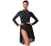 Freebily Womens Contemporary Lyrical Dance Costume Long Sleeve Rhinestone Backless Ballet Dance Dress Leotard Black L