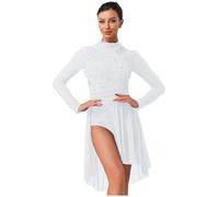 Freebily Womens Contemporary Lyrical Dance Costume Long Sleeve Rhinestone Backless Ballet Dance Dress Leotard White M