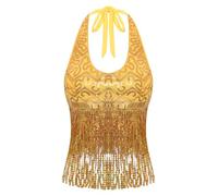 Freebily Women's Latin Belly Dance Bra Top Shiny Sequin Sleeveless Tassel Crop Top Costume Gold One Size
