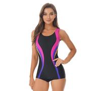 Freebily Women's One Piece Swimsuit Sleeveless Rash Guard Swimwear Athletic Surfing Bathing Suit Black&Rose Red M
