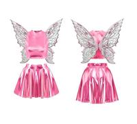 Freebily Womens Shiny Metallic Elf Costume Mock Neck Crop Tops Flared High Waist Skirts With Wings Pink S