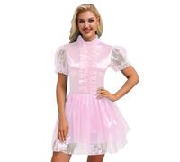 Freebily Womens Shiny Satin Maid Dress Puff Sleeve Bow Puffy Ruffled Frilly Tiered Dress Halloween Costume Pink 3XL