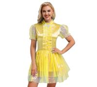 Freebily Womens Shiny Satin Maid Dress Puff Sleeve Bow Puffy Ruffled Frilly Tiered Dress Halloween Costume Yellow S