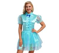 Freebily Womens Shiny Satin Maid Dress Puff Sleeve Bow Puffy Ruffled Frilly Tiered Dress Halloween Costume Blue XXL