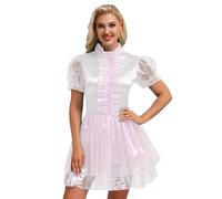 Freebily Womens Shiny Satin Maid Dress Puff Sleeve Bow Puffy Ruffled Frilly Tiered Dress Halloween Costume White 3XL