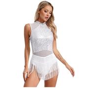 Freebily Womens Shiny Sequins Tassels Leotard Bodysuit Latin Salsa Tango Dance Performance Costume Ballroom Dancewear White F M