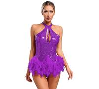 Freebily Womens Sleeveless Latin Jazz Dance Leotard Glittery Sequins Feather Bodysuit for Cocktail Party Purple L