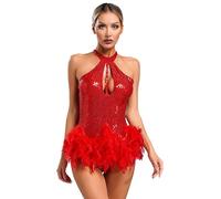 Freebily Womens Sleeveless Latin Jazz Dance Leotard Glittery Sequins Feather Bodysuit for Cocktail Party Red S