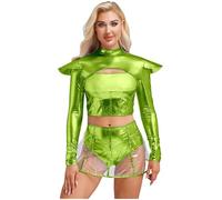 Freebily Womens Space Alien Metallic Costumes Cosplay Outfits Astronaut Crop Top With Skirt Set Green L