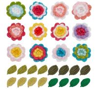 FREEBLOSS 12Pcs Crochet Flowers Applique 24pcs Crochet Leaves Applique Handmade Crocheted Flower Embellishments Sew On Patches Crochet Knitted Handmade Applique for Clothes or Arts Crafts DIY Decor
