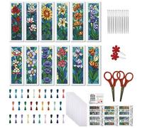 FREEBLOSS 12pcs Cross Stitch Bookmark Kit for Adult Beginners Stamped Stained Glass Flowers Cross Stitch Kits Embroidery Bookmarks Craft Kit with Instructions for Gift 11CT 8"x2.4"
