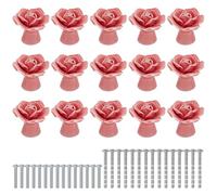 FREEBLOSS 15 Set Elegant Pink Rose Ceramic Cabinet Knobs with 2 Sizes Screws Flower Drawer Pull Handles for Cabinet Dresser Kitchen Knob, 1.6" L ×1.4" H