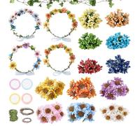 FREEBLOSS 16 Set Flower Crowns DIY Kit Flower Crown DIY Flower Crowns Chrysanthemum Headband Making Kit Handmade Floral Hair Accessories for Wedding Birthday Fairy Party Favors DIY Arts and Crafts