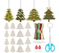 FREEBLOSS 16Pcs Wooden Cross Stitch Kit Christmas Tree Wood Cross Stitch Keychains Wooden Threading Kits for Beginners Christmas First Sewing Kit Embroidery Starter Kit for DIY Project Art Craft