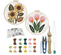 FREEBLOSS 2 Set DIY Flowers Punch Needle Kit for Beginners Sunflower Tulip Punch Needle Starter Craft Set with Instructions Frame Embroidery Kit for Adults Gift Decoration 7.8"/20cm