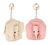FREEBLOSS 2PCS Cute Elephant Mini Backpack with Metal Keychain Tiny Backpack Keychain Coin Purse Keychains Mini PU Leather Pouch Dolls Backpacks for Cards Lipstick Beige, Pink 3.9'' x 4.1'' x 2''
