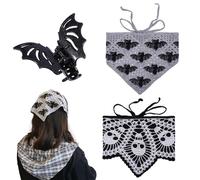 FREEBLOSS 2Pcs Halloween Spooky Crochet Bandanas with Bat Hairpin Knitted Hair Headbands Gothic Cotton Headbands for Women Crochet Head Scarf Knitted Hair Kerchief for Hair Styling