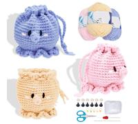 FREEBLOSS 3 Set Beginners Crochet Kit Crochet Octopus Pouch Drawstring Bag Complete Animal Crochet Yarn Set Crochet Knitting Kits for Starters Crochet Basket Craft Art with Video Tutorials