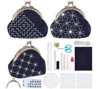 FREEBLOSS 3 Set Sashiko Bag Kit Sashiko Embroidery Kit for Beginners DIY Bag Embroidery Kits Includes Sewing Thread, Needles, Fabric, Thimble Hand Sewing Kits with PET Template