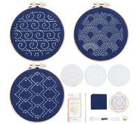 FREEBLOSS 3 Set Sashiko Kit Sashiko Embroidery Kit Beginner Embroidery Kit Includes Sashiko Pets Embroidery Thread, Needles, Fabric and Hoop Hand Sewing Kit for Adults
