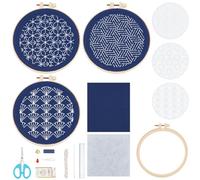 FREEBLOSS 3 Set Sashiko Wall Hanging Kit Embroidery Set with Different PET Template Full Sashiko Kit Includes Thread, Needles, Fabric Hand Sewing Craft for Adults