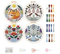 FREEBLOSS 4 Pack Embroidery Kit for Beginners Folk Art Stamped Embroidery Starter Kit with Instruction Cross Stitch Needlepoint Kits for Crafts Adults with 2 Hoops 20cm/7.9inch