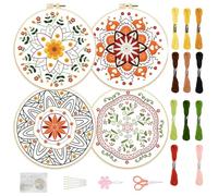 FREEBLOSS 4 Set 8'' Embroidery Kit for Beginners Mandala Pattern Embroidery Kit with Instructions Full Kit of Embroidery Cloth 2 Embroidery Hoops 11 Colors Flosses