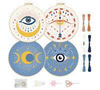 FREEBLOSS 4 Set 8'' Eyes and Moon Embroidery Kits for Beginners, Full Range of Embroidery Kits to Learn DIY Needlepoint Kits with Embroidery Hoops and Cloth, Color Threads and Instruction