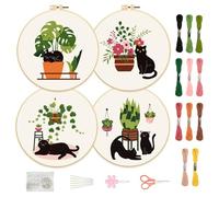 FREEBLOSS 4 Set 8inch Stamped Cat Pattern Embroidery Kit for Beginners Embroidery Stitches Kit Cross Stitch Kits Embroidery Starter Kit Includes 2 Embroidery Hoops, Color Threads,Tools